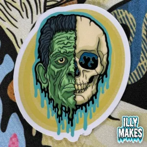 Original illymakes Drippy Frankenstein Skull Sticker — horror-inspired decals with bold neon drips and monster vibes.