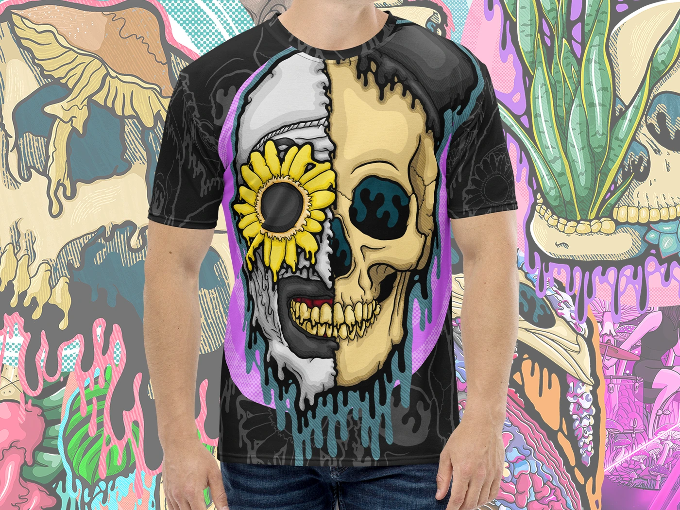 Front view of the Drippy Art the Clown Skull All-Over Print Tee featuring original illymakes art of a split skull with a sunflower eye dripping in neon horror style.