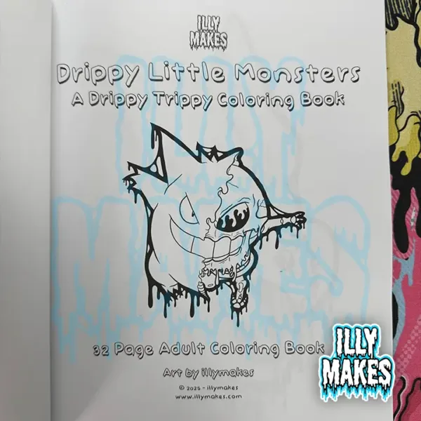 Inside cover of Drippy Little Monsters coloring book with title page and introduction to the drippy skull and skeleton art series.