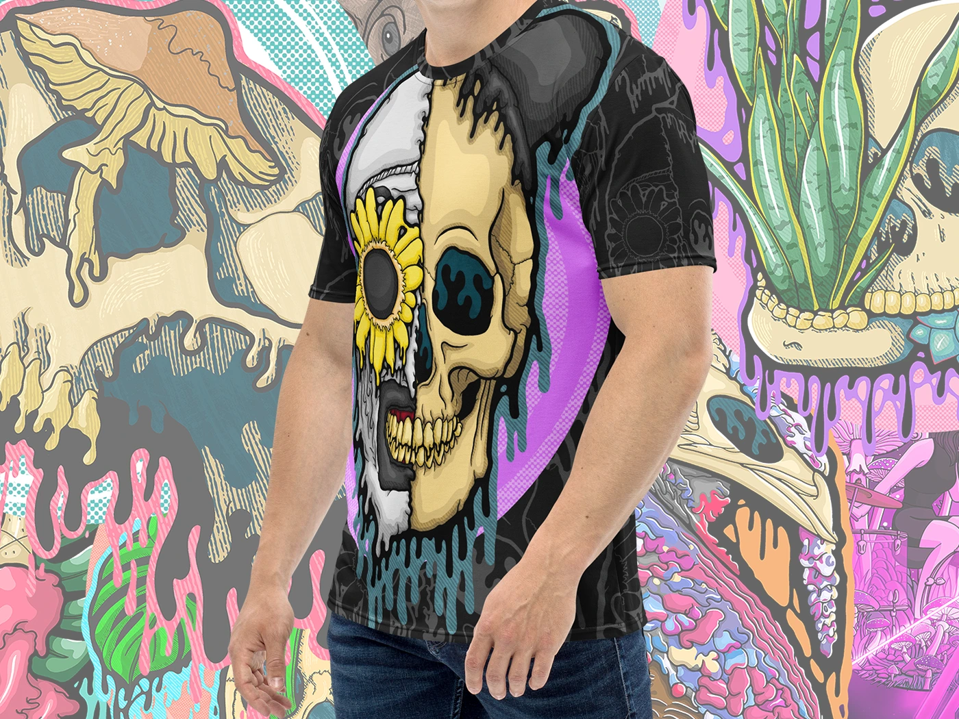 Angled view highlighting the dripping textures, purple and yellow accents, and smooth fade-resistant fabric.