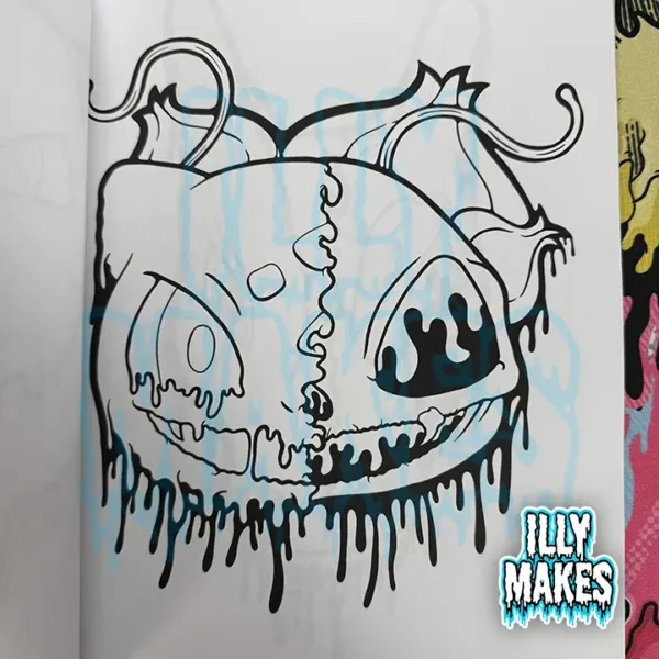 Black-and-white line art page from Drippy Little Monsters coloring book featuring a detailed drippy skeleton creature inspired by anime style.