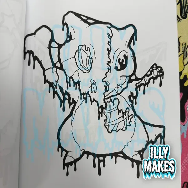 Page from Drippy Little Monsters coloring book showing a spooky-cute skull character with dripping details and gothic fantasy elements.