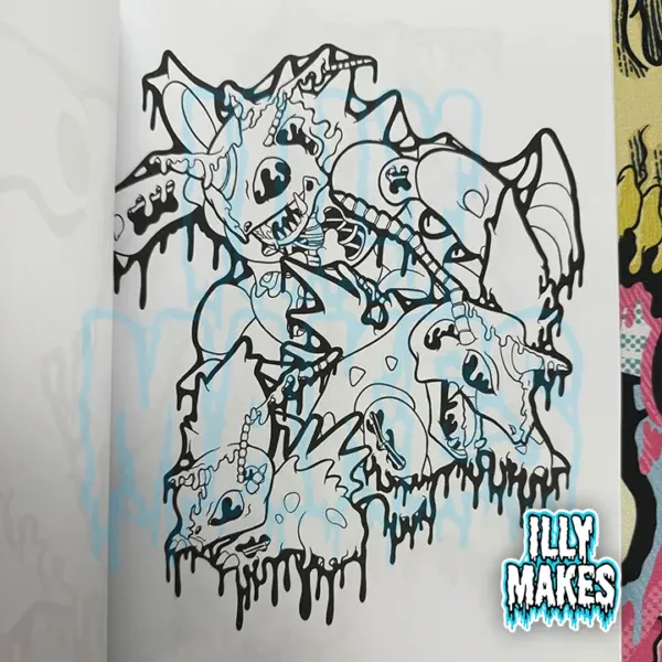 Page from Drippy Little Monsters coloring book featuring a creepy-cute monster skeleton with dripping textures and stylized bone details.