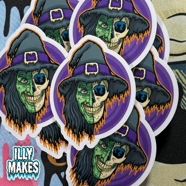Drippy 90s Retro Witch Skull Stickers — original art by illymakes. Neon-drip witch and skull fusion in bold Halloween retro style.