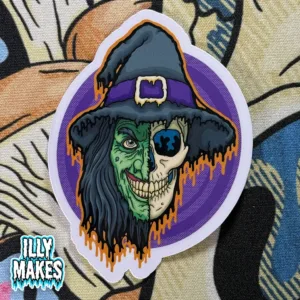 Drippy 90s Retro Witch Skull Stickers — original art by illymakes. Neon-drip witch and skull fusion in bold Halloween retro style.