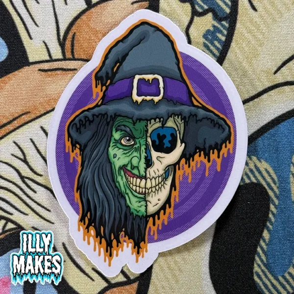 Drippy 90s Retro Witch Skull Stickers — original art by illymakes. Neon-drip witch and skull fusion in bold Halloween retro style.