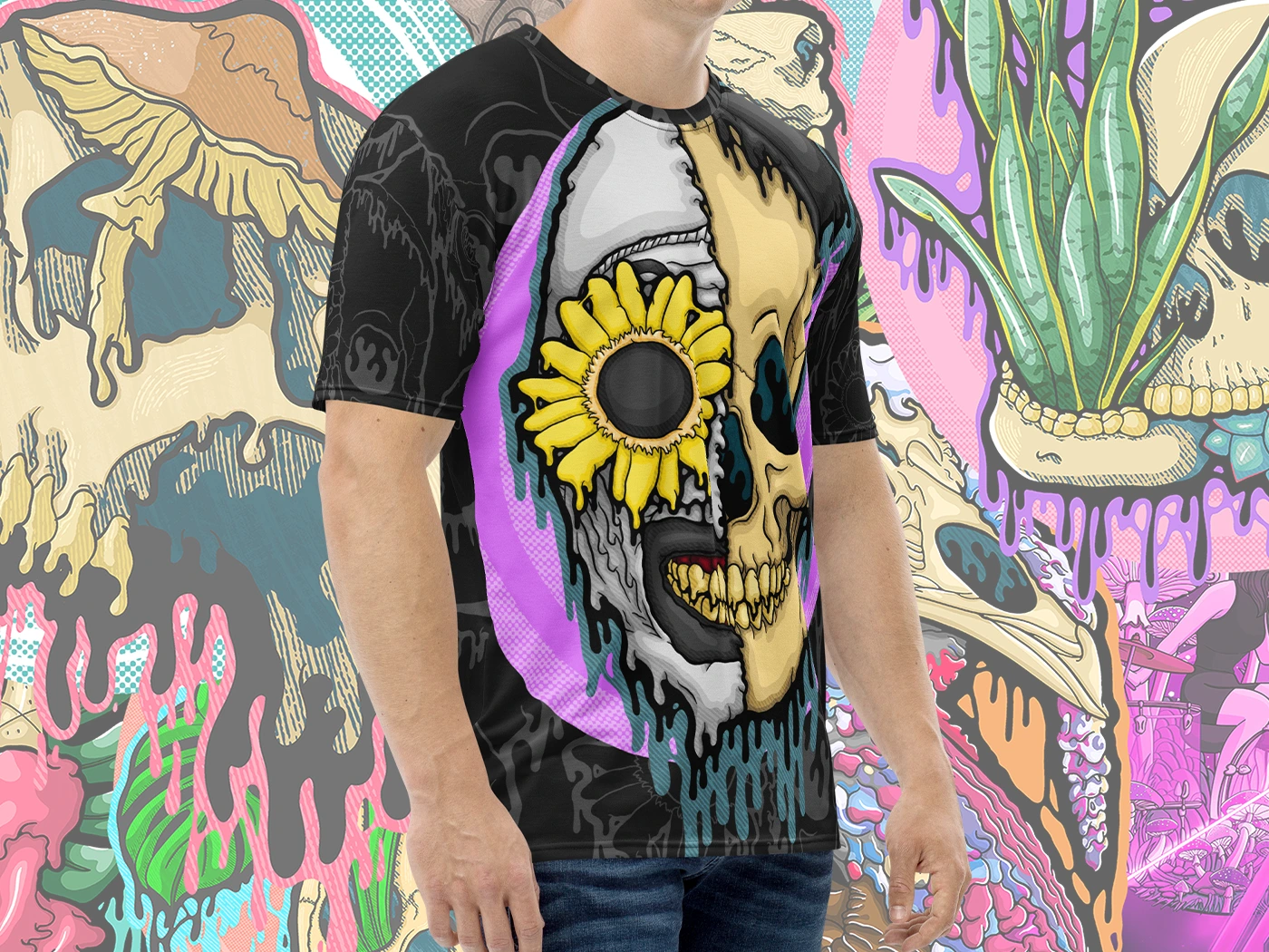 Angled view highlighting the dripping textures, purple and yellow accents, and smooth fade-resistant fabric.