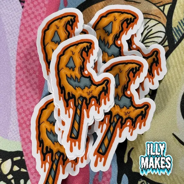 Drippy Trick ’r Treat Sam Lollipop Sticker — original horror art by illymakes. A creepy melting jack-o’-lantern design for Halloween lovers and horror fans.