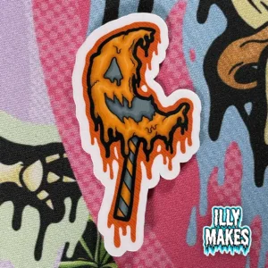 Drippy Trick ’r Treat Sam Lollipop Sticker — original horror art by illymakes. A creepy melting jack-o’-lantern design for Halloween lovers and horror fans.