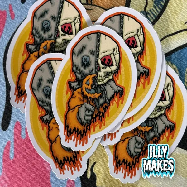 Original horror art by illymakes — Drippy Trick-R-Treat Sam Skull Sticker with lollipop front and full drippy skull art on the back.