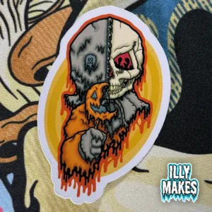 Original horror art by illymakes — Drippy Trick-R-Treat Sam Skull Sticker with lollipop front and full drippy skull art on the back.