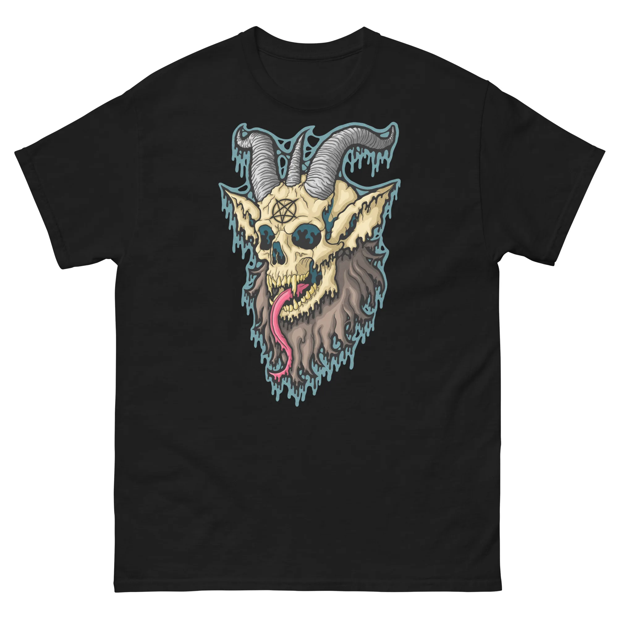 Drippy Baphomet Skull 2 Tee, original horror art by illymakes. A melting goat skull with horns and pentagram, printed on 100% cotton unisex tee.