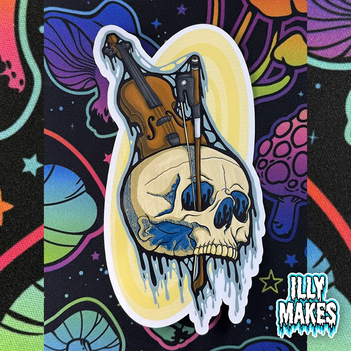 Drippy Violin Skull Sticker