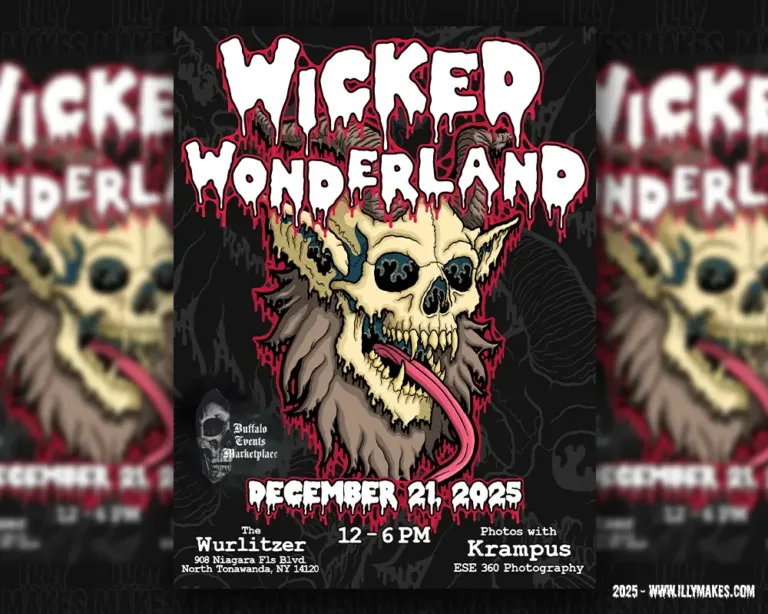 Poster with drippy Krampus skull and dripping red text for Wicked Wonderland 2025 holiday event.