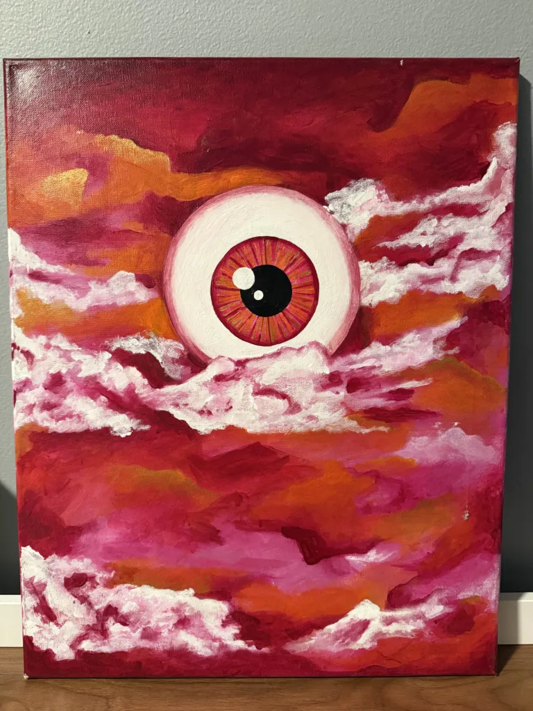 A colorful horror-themed painting by artist @lolliatharts, soon to be hung on my art wall.