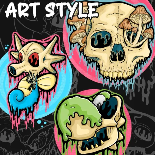 Three drippy skull illustrations: a seadragon skull, a mushroom skull, and a green ooze skull, showing examples of my drippy art style.
