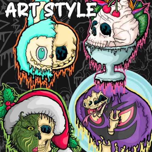 More drippy skull art examples: creepy bunny skull, ice-cream sundae skull, Christmas Grinch skull, and a purple wrestler skull.