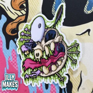 Die-cut glossy sticker of the Drippy Courage the Cowardly Dog Skeleton with melting neon bones and bright dripping accents, original Illymakes art.