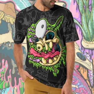 Full-coverage Drippy Courage the Cowardly Dog Skeleton all-over print shirt with bold neon drips on a seamless pattern background, original Illymakes artwork.