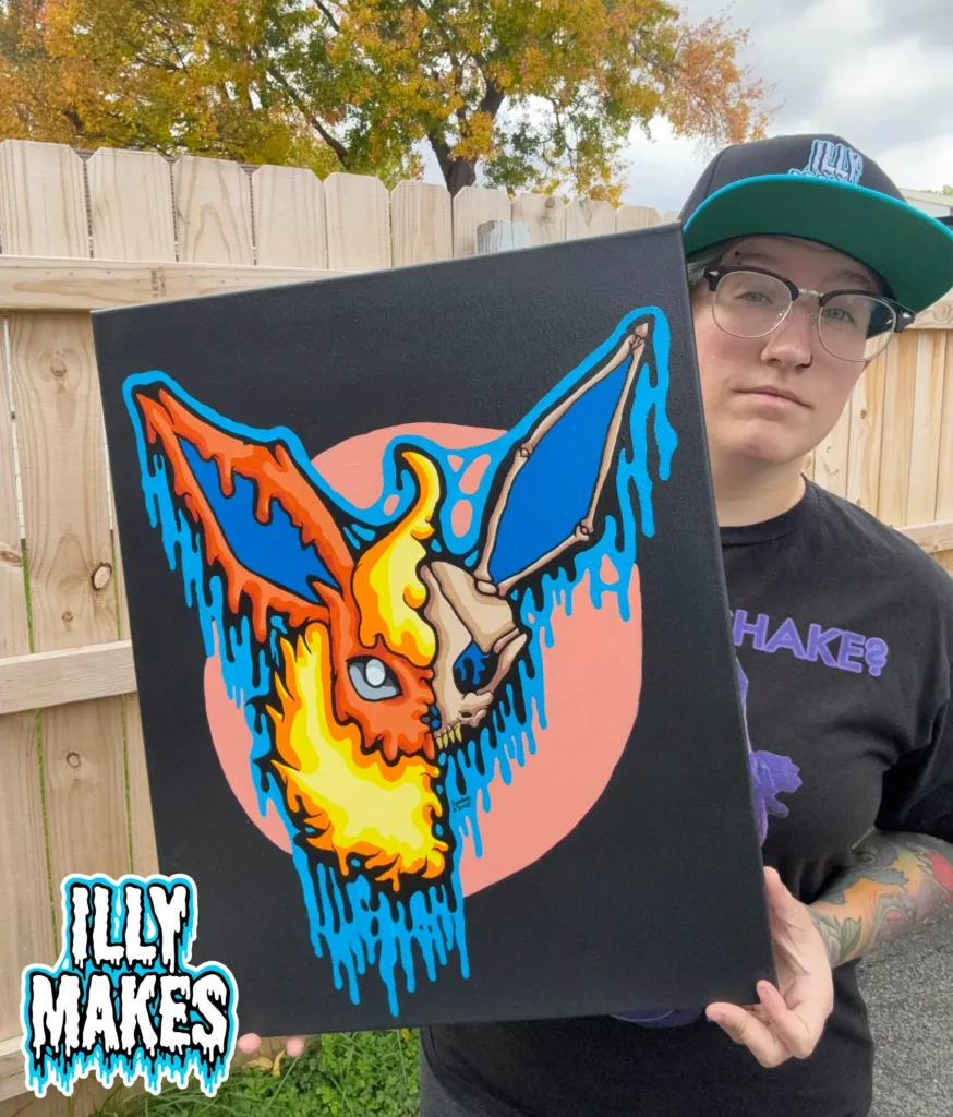 Close-up of the Drippy Flareon Skull painting by illymakes, featuring bold reds, oranges, and blues with a melting skull effect.