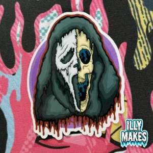 Drippy Ghostface Skull Sticker featuring original illymakes art of a melting skull and mask with dripping red edges.