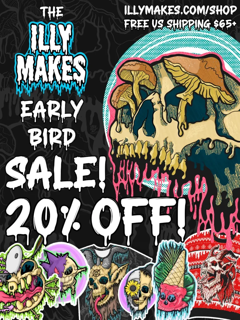 Black Friday Week sale banner featuring vibrant neon colors on dark background. Text reads: The Illymakes Early Bird Sale, Nov 25 - Nov 27, Up to 20% Off, Free Shipping on Orders $65+, Shop Now. Decorative skull motifs integrated into design.