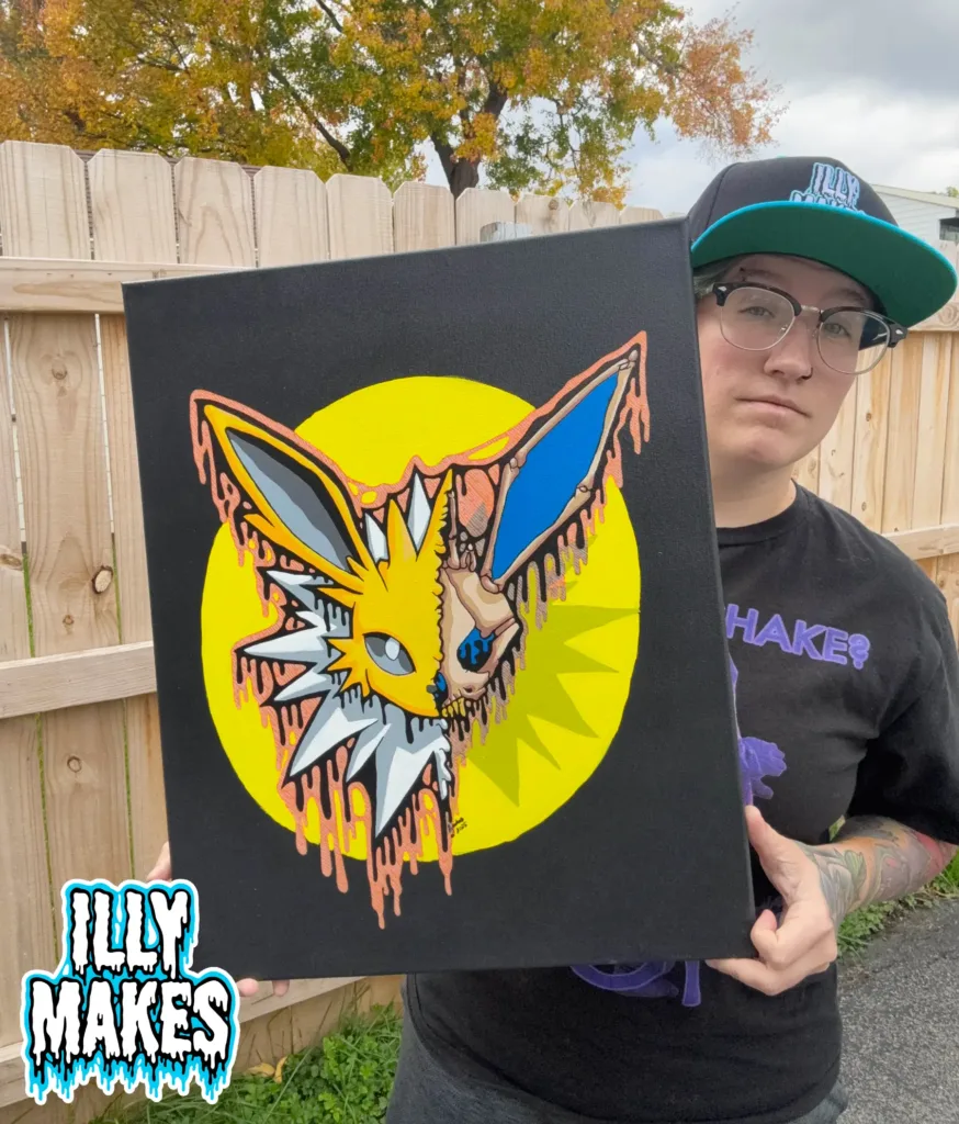 Close-up of the Drippy Jolteon Skull painting by illymakes, showing sharp electric yellow tones and drippy textures.