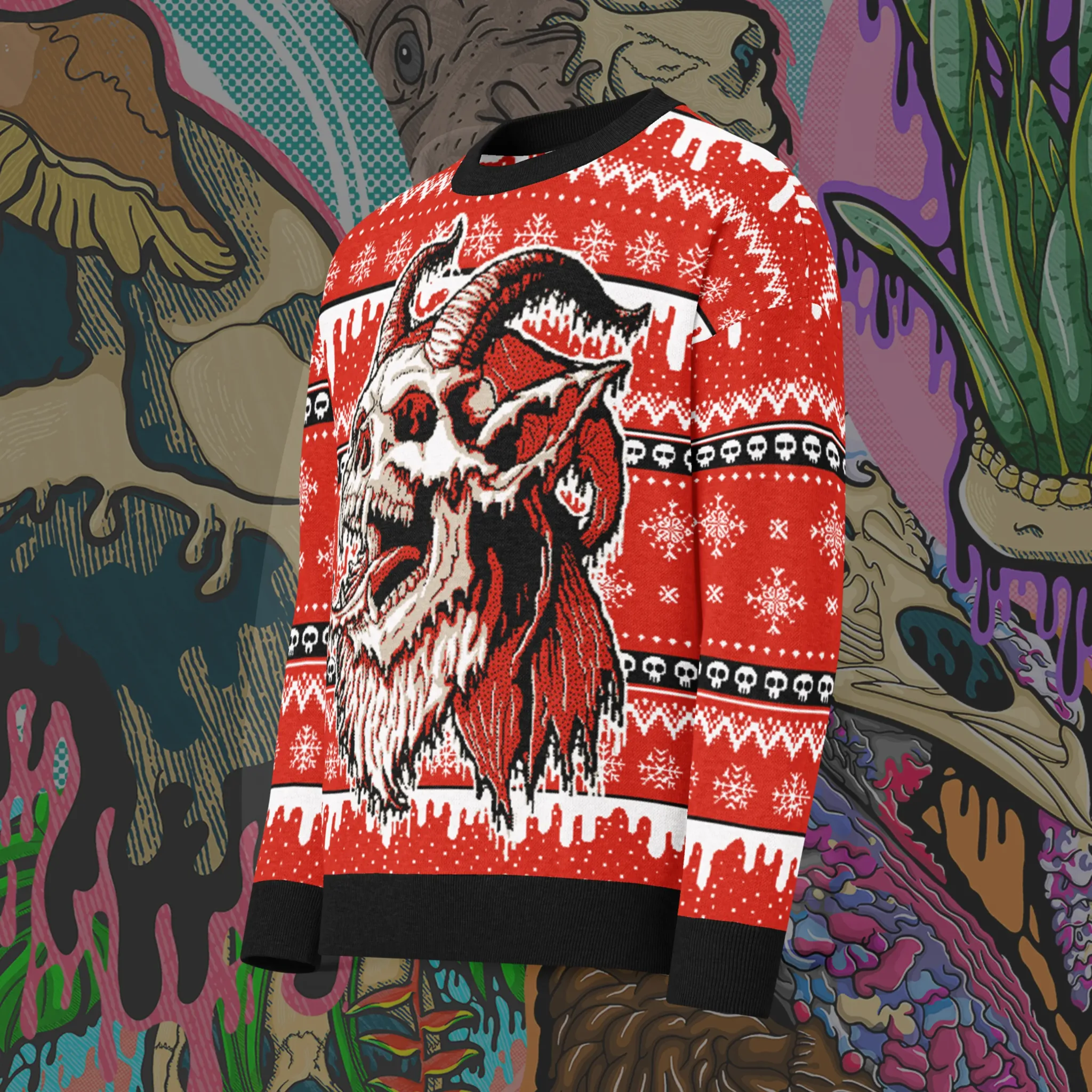 Angled view of the Drippy Krampus Knitted Sweater featuring a detailed red knit design with a skull-faced Krampus, snowflakes, and skull patterns.