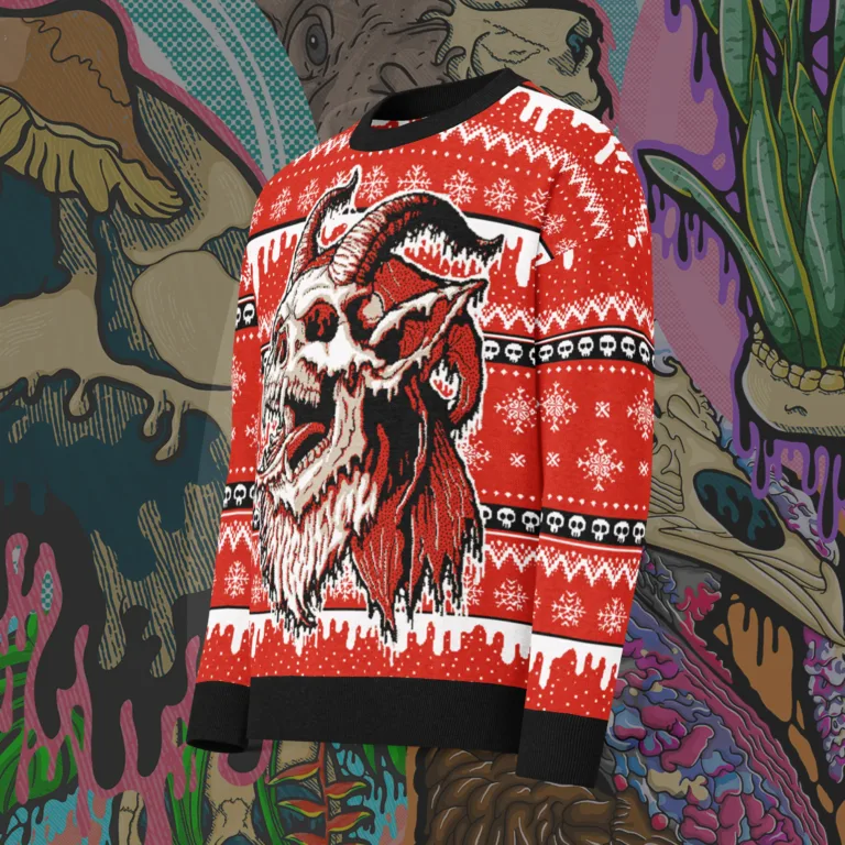 Angled view of the Drippy Krampus Knitted Sweater featuring a detailed red knit design with a skull-faced Krampus, snowflakes, and skull patterns.