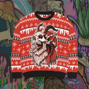 Front view of the Drippy Krampus Knitted Sweater featuring a detailed red knit design with a skull-faced Krampus, snowflakes, and skull patterns.