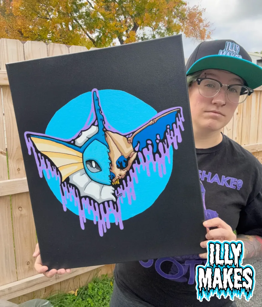 Close-up of the Drippy Vaporeon Skull painting by illymakes, featuring cool blues and purples in a dripping skull design.