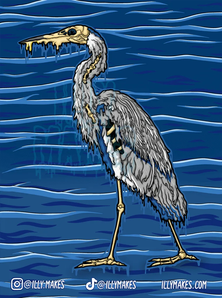 My drippy great blue heron skeleton drawings