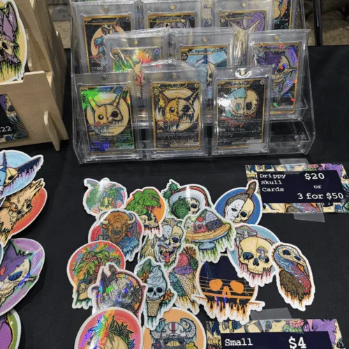 Some of my handmade art stickers and custom art trading cards.