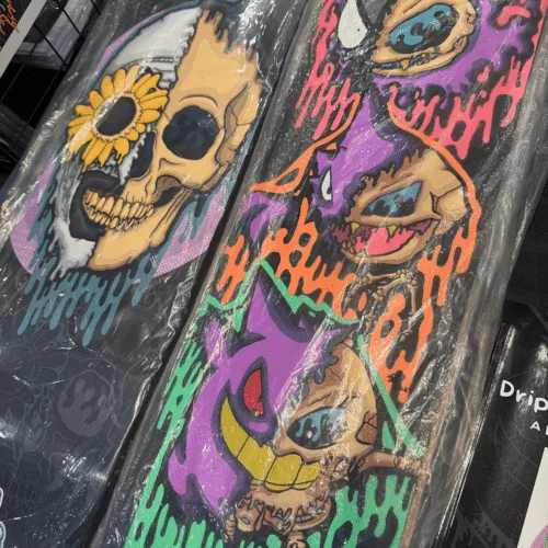 Some of my hand painted and home printed art skateboards.